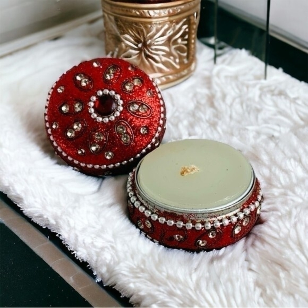 Handmade Rhinestone Beaded Travel Tea Light Candle Holder Tin Box 1.75 Red New
